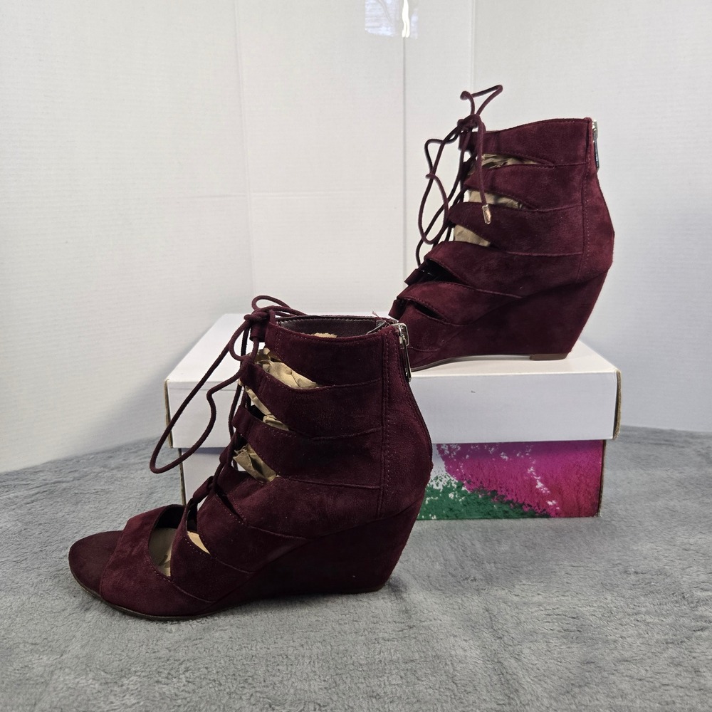 Sam Edelman Burgundy Suede Lace Up Wedge Sandals Open Toe Booties Mens 6